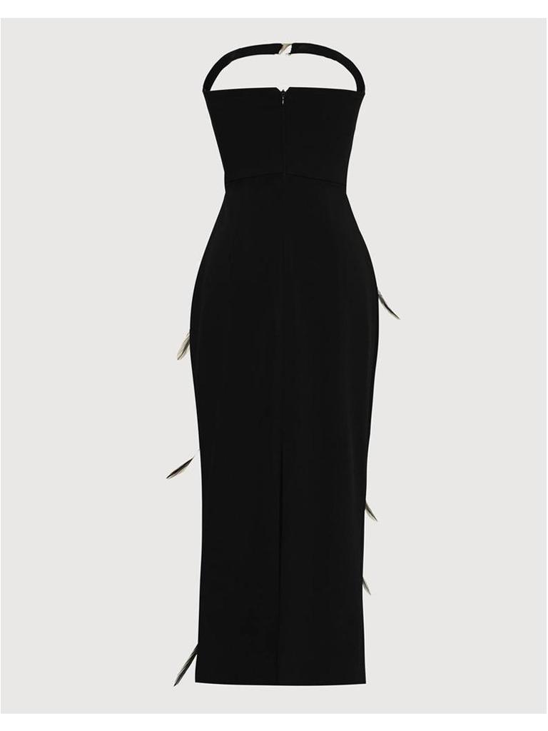 2024 Autumn Sexy Halter Backless Feather-Spliced Beaded Mid-Length Dress