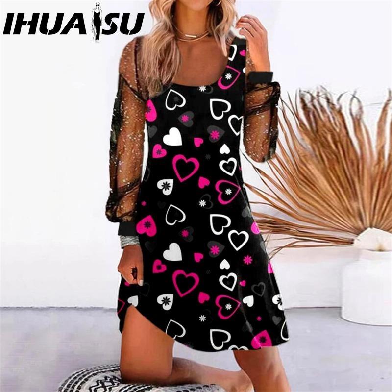IHUASU Women's Fashion Spring Autumn Solid Color Print Long Sleeve U-Neck High Waist Casual Dresses