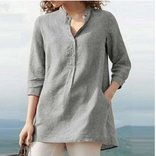 Women's Solid Color Cotton-Linen Pullover Shirt - Autumn 2021, 3/4 Sleeve, Stand-up Collar