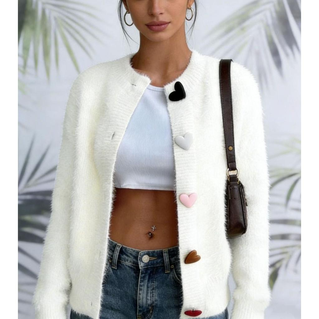 Fashion Sweet Heart Button Cardigan Sweater 2026 Autumn Korean Style Knitted Jackets Casual Round Neck Solid Color Knit Loose Ladies Soft Clothing