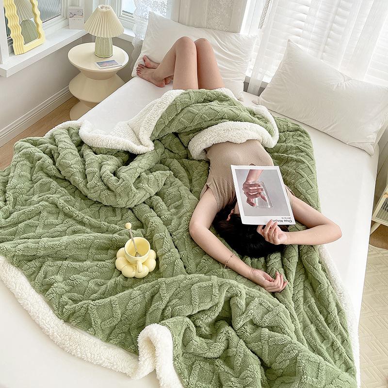 Verdickte Winterdecke, doppelseitiger Flaumplüsch, doppellagig, 3D-Jacquard, einfarbig, fürs Büro, Nickerchen, Schlafsaal, Zuhause, Bett, Sofa, Reise, gemütliche warme Decke