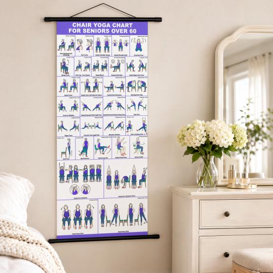 Chair Yoga Wall Chart, Canvas Poster with Hanging Rod And Rope, Chair Yoga Chart for Seniors Beginners Home Stretching Mobility Guide