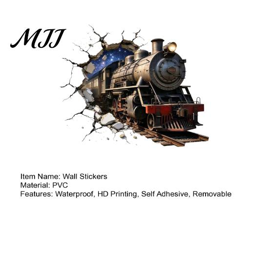 Waterproof PVC Wall Mural 3D Retro Train Sticker, Break Through Decal, Peel and Stick Art Durable Scratch Resistant Cover for Kids Room Bedroom