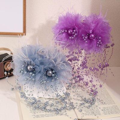 Hair Claw Feather Mesh Yarn Flower Decor Hair Clip with Faux Pearl