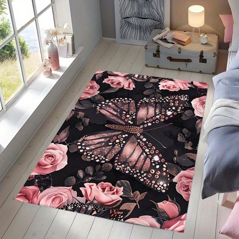 Large Non-Slip Crystal Velvet Butterfly & Rose Mat – Heavy-Duty Washable Floor Mat with Sparkling Butterfly & Pink Rose