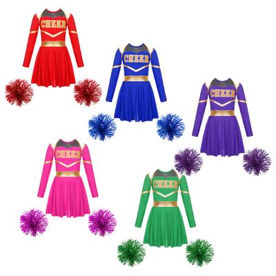 Kids Girls Cheerleading Performance Outfits Letter Print Keyhole Back Long Sleeve Dress and 1 Pair Tassel Hand Flowers