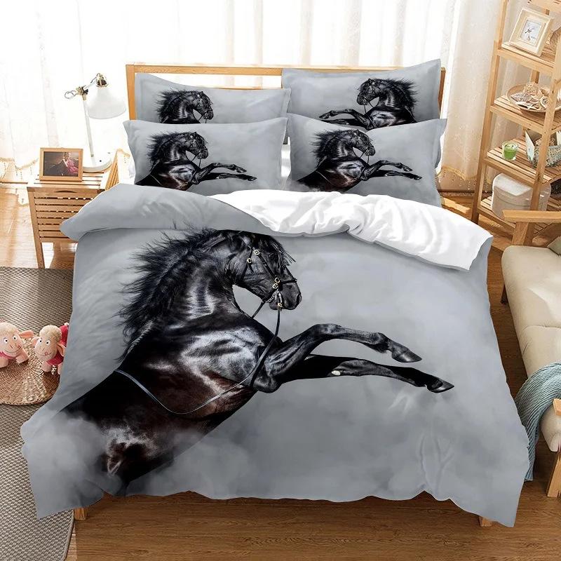 Horse Pattern 3D Digital Printing Three-piece Set, Polished Duvet Set, Animal Single Bedding