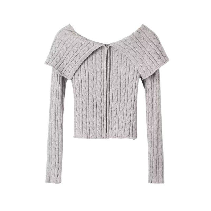 Cable Stitch Large Lapel off-Shoulder Double-Headed Zipper Knitwear
