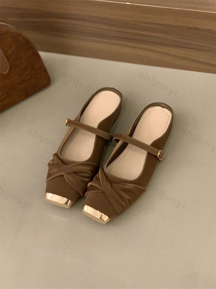 Fashion Elegant Square Head Flat Half Slippers for Women 2025 Spring Soft Sole Comfortable Mary Jane Shoes Shallow Mouth Fashion Sandals