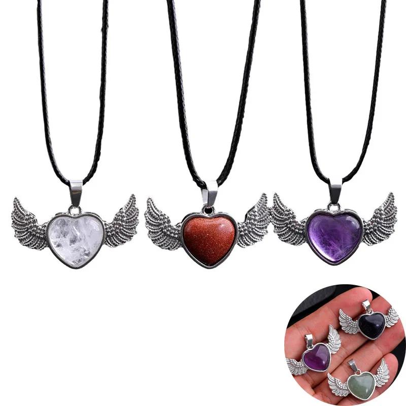 Natural crystal heart-shaped angel wings pendant necklace Heart Shaped Stone Pendants necklace Charms Crystal Chakra Beads DIY
