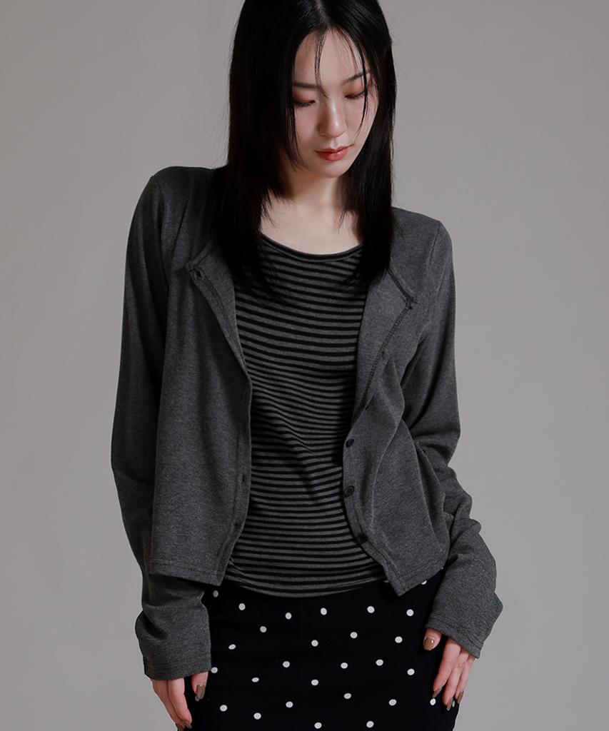 LIKE THE MOST Striped Inner Layered Cardigan T-Shirt_Charcoal