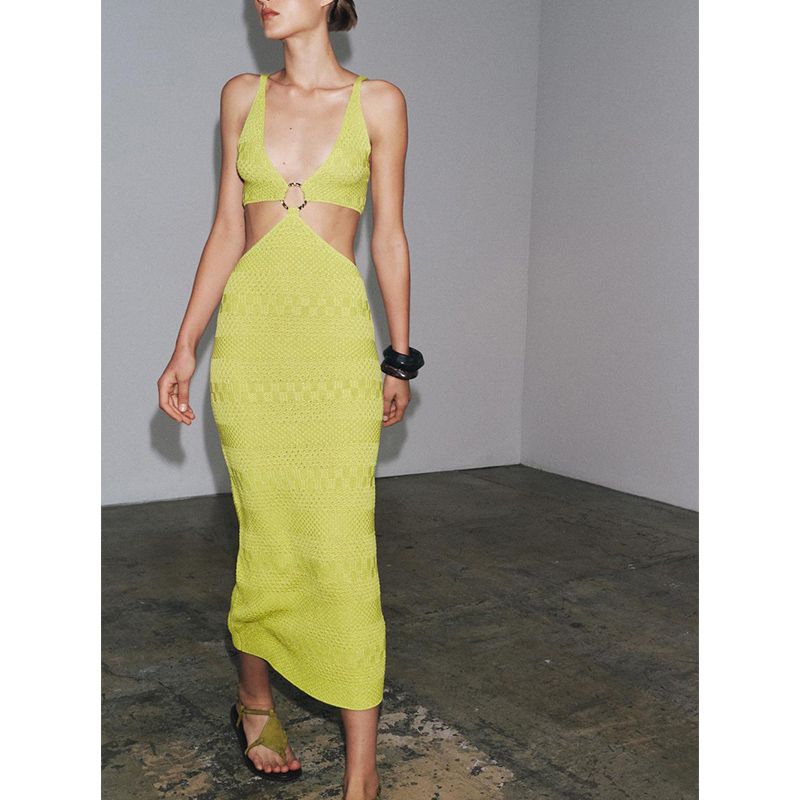Summer New Product Women's Clothes Fashion Wind Metal Ring Decoration Cutout Sling Simple Knitting Dress 2756013