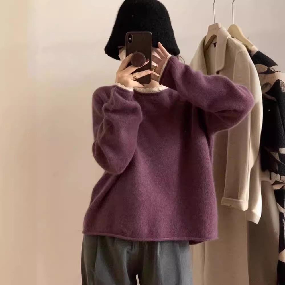 Autumn and Winter Loose Soft Lace Edge Knitted Sweater Top Round Neck Hooded Sweater for Women