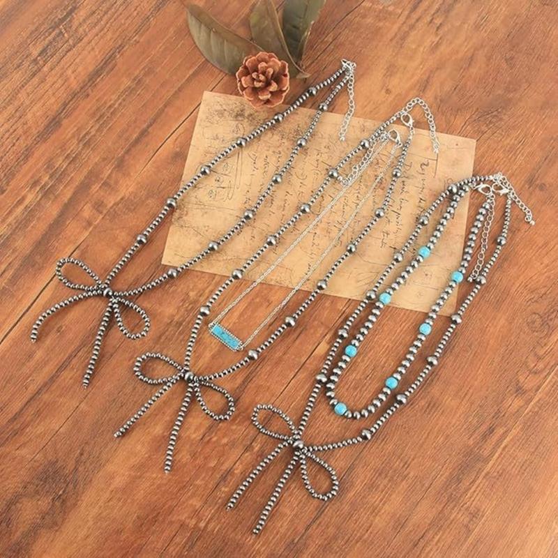 Elegant Bowknot Charm Necklace Adjustable Chain Length Neckchain Turquoise Beaded Choker Accessory for Daily Wear