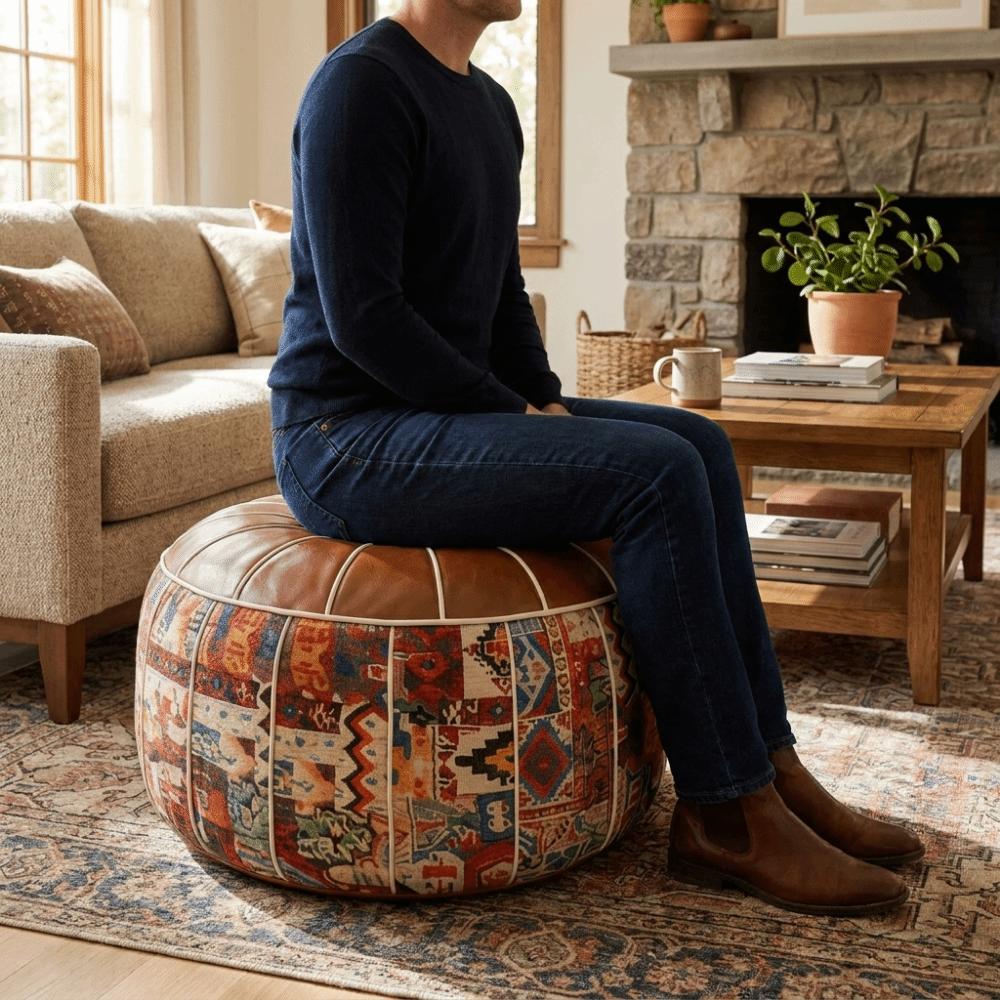 Embroider Craft Boho Seat Cushion Cover Leather Storage Bag Pumpkin Pouf Cover  Home Use