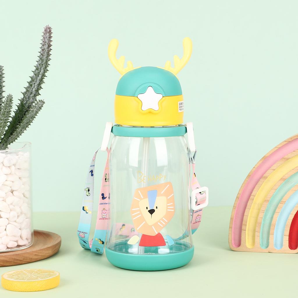 Water bottle children's cartoon antlers plastic cup portable car rope accompanying cup large capacity double drinking straw water cup