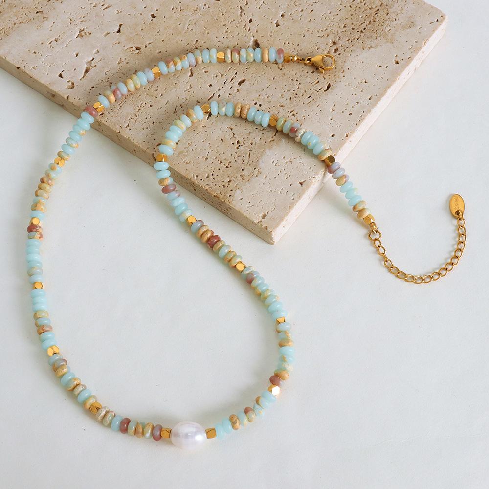 Gold Plated Light Blue Natural Stone Beaded Baroque Pearl Necklace