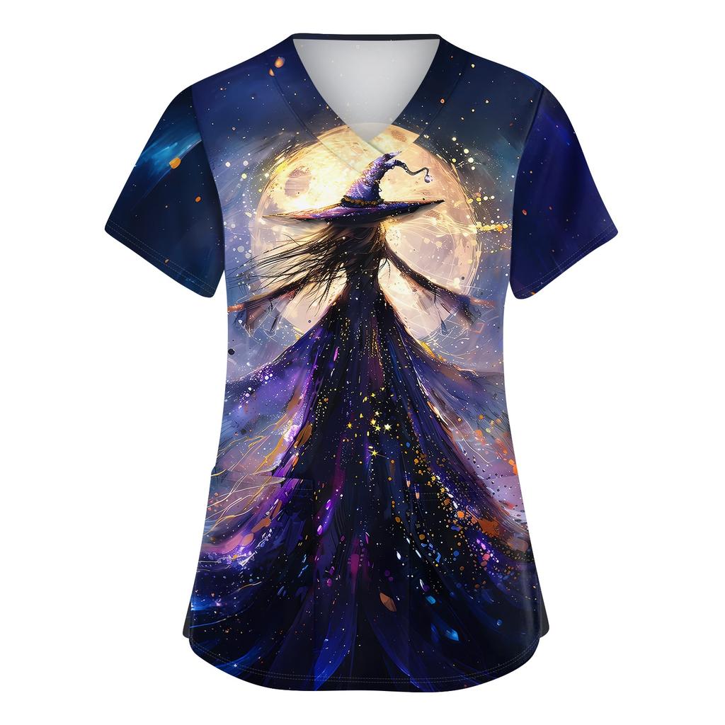 Women V Neck Short Sleeve Work Shirt Side Slit Top with Pockets Halloween Print Casual Blouse for Daily Wear
