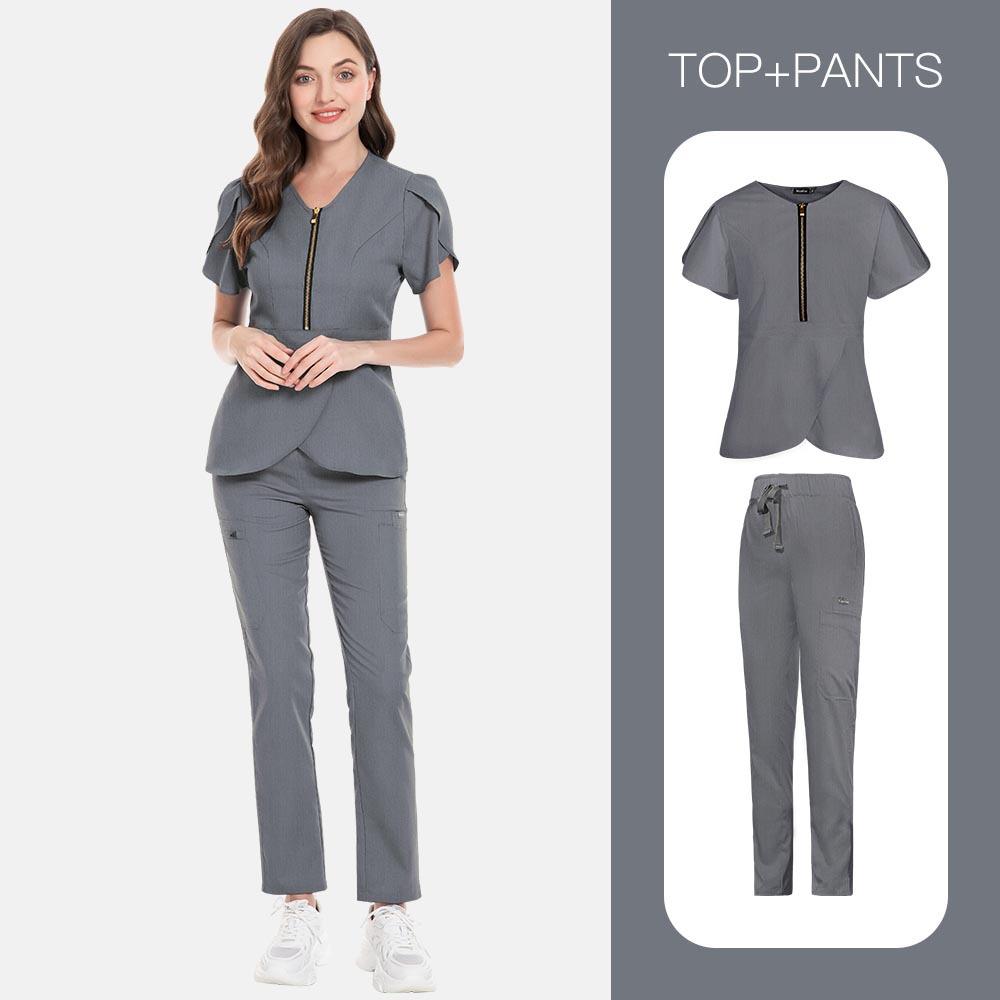 Beauty Salon Spa Club High Quality Hand Washing Clothes Work Clothes Staff Uniform Solid Color Set Nurse Clothes Embroidered Logo
