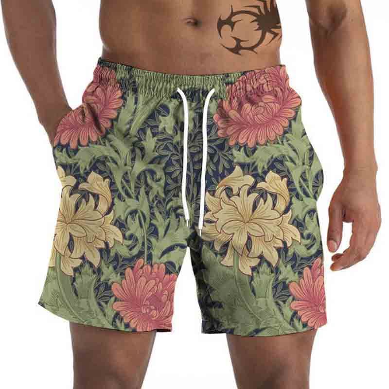 Men's Summer Casual Beach Shorts Palm Tree Print Quick Dry Drawstring Waist