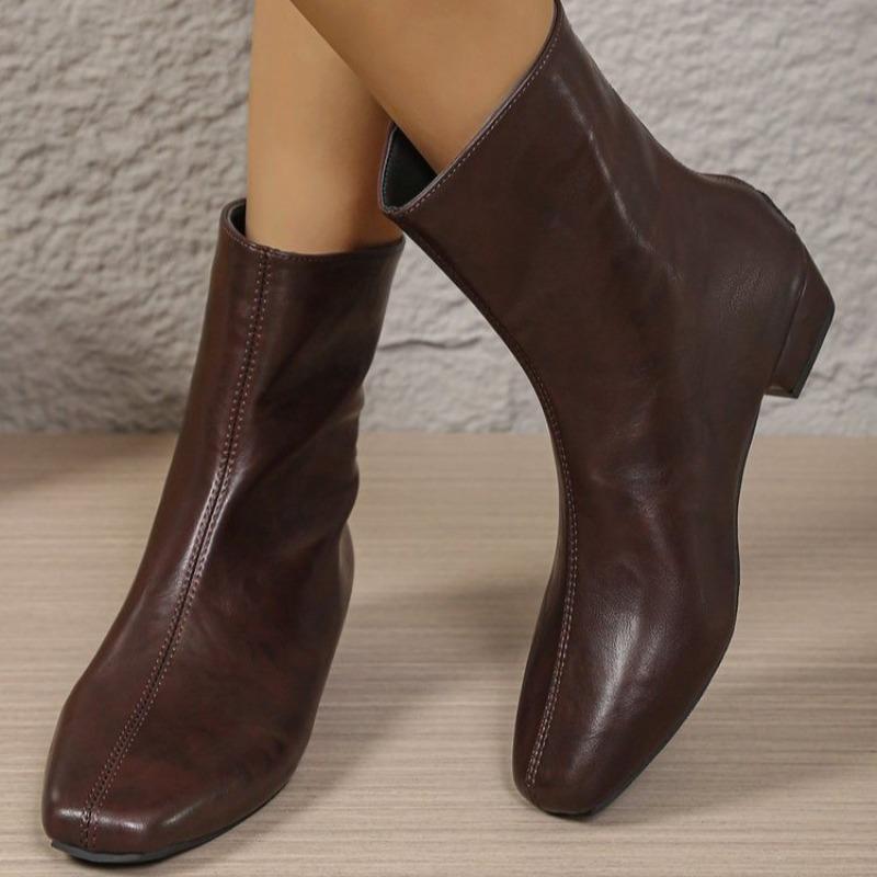 Back Zip Booties Fashion Square Toe Spliced Soft Sole Anti-Slip Wear-Resistant Block Heel Single Boots