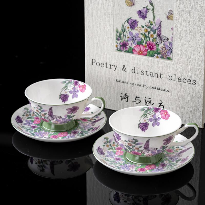 Retro Gold Foil Bone China Oil Painting Style Violet Coffee Cups and Plates Afternoon Tea Cups Latte Latte Cups Niche Gifts