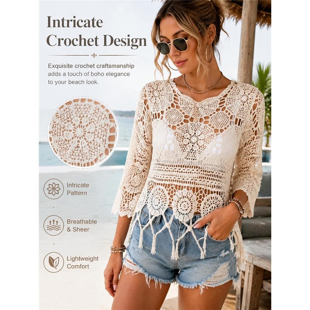 Damen Uni Fransen Cut-Out Durchsichtiges Überwurf-Boho Muschelsaum 3/4 Ärmel Strand Sarong für Urlaub Pool