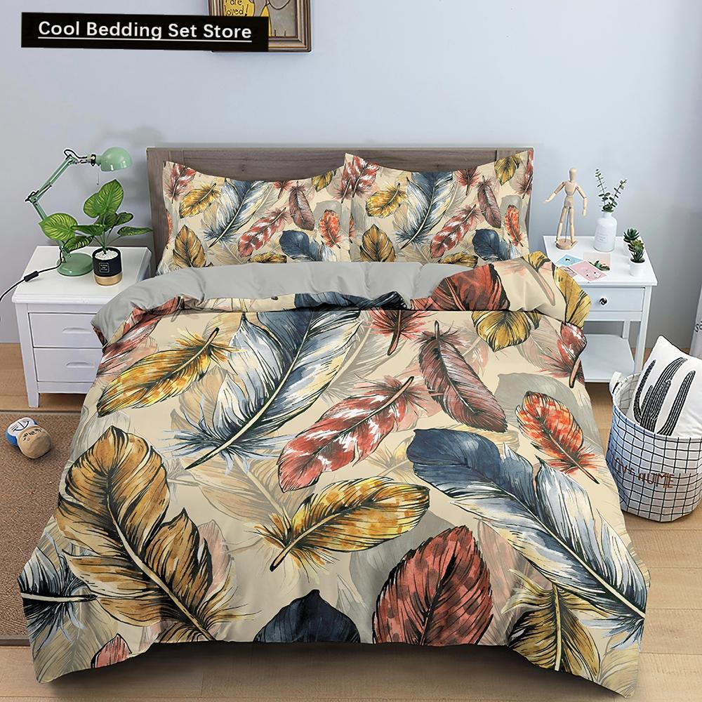 Feathers Duvet Cover Queen/King Size Boho Colorful Bird Feather Bedding Set Tropical Leaves 2/3pcs Polyester Comforter Cover