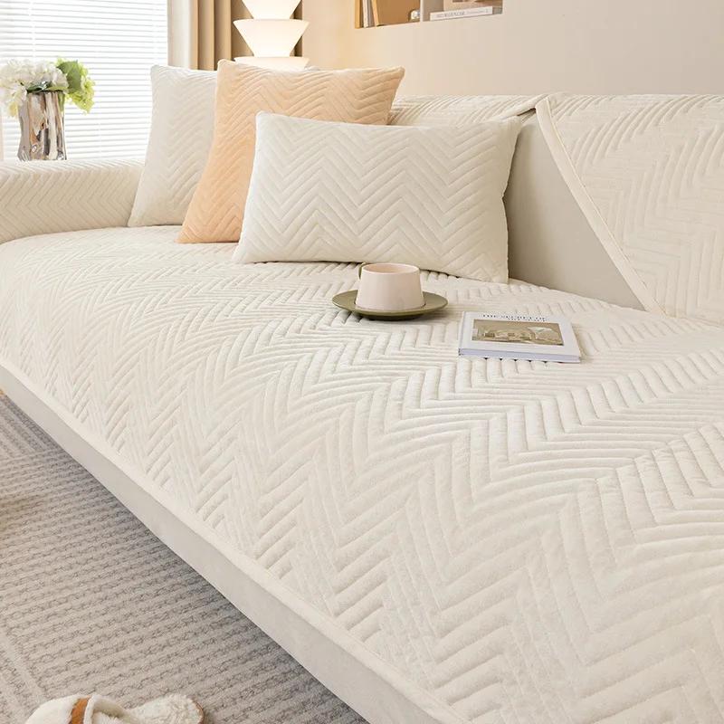Thickening Short Plush Quilted Sofa Cover Non-slip Chevron Sofa Cover Universal Sectional L-shaped Couch Cover Backrest Towel