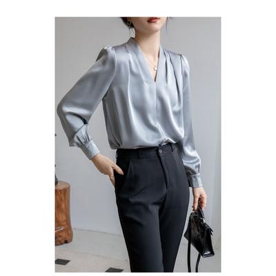 Blusa de satén con escote en V y manga larga para mujer, versátil, con sentido profesional y temperamento