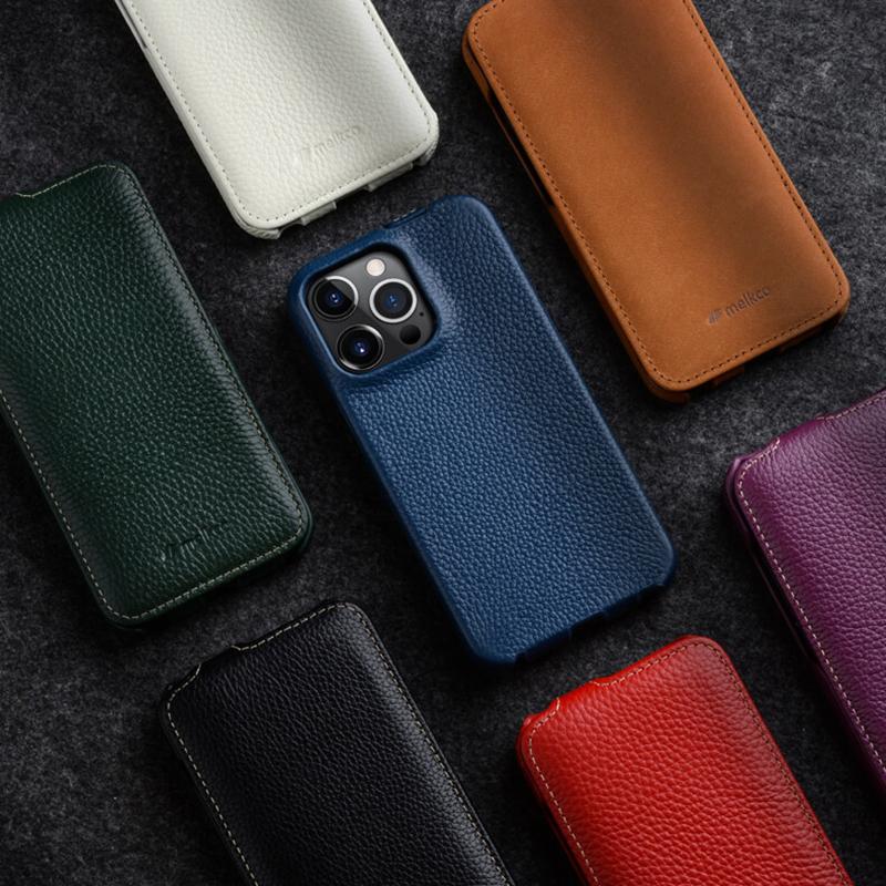 MELKCO For iPhone 13 Pro Max Phone Protective Shell Litchi Texture Genuine Cow Leather+PC Vertical Flip Case
