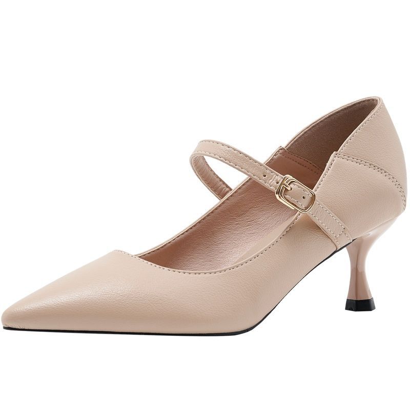 Small Size Women's Shoes 313233 Soft Leather Pointed Toe Nude High Heels, Plus Size 41 To 43 with a Low-heeled Work Shoe