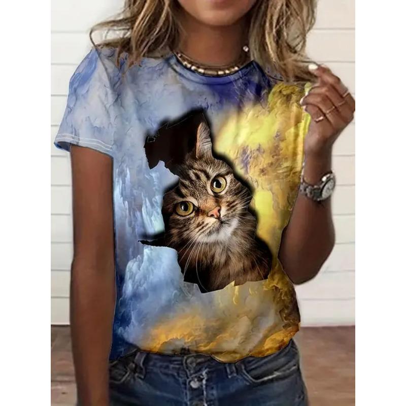 Sommer Rund Hals 3D Dyreprint Topp Moteable Casual Kortarmet Dame T-skjorter