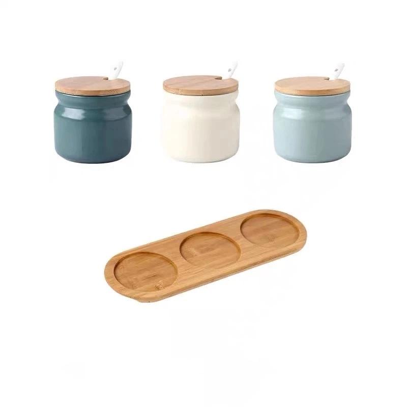 Keramik-Gewürzgläser-Set mit Bambustablett – Salz-, Öl-, Gewürzbehälter für die Küche