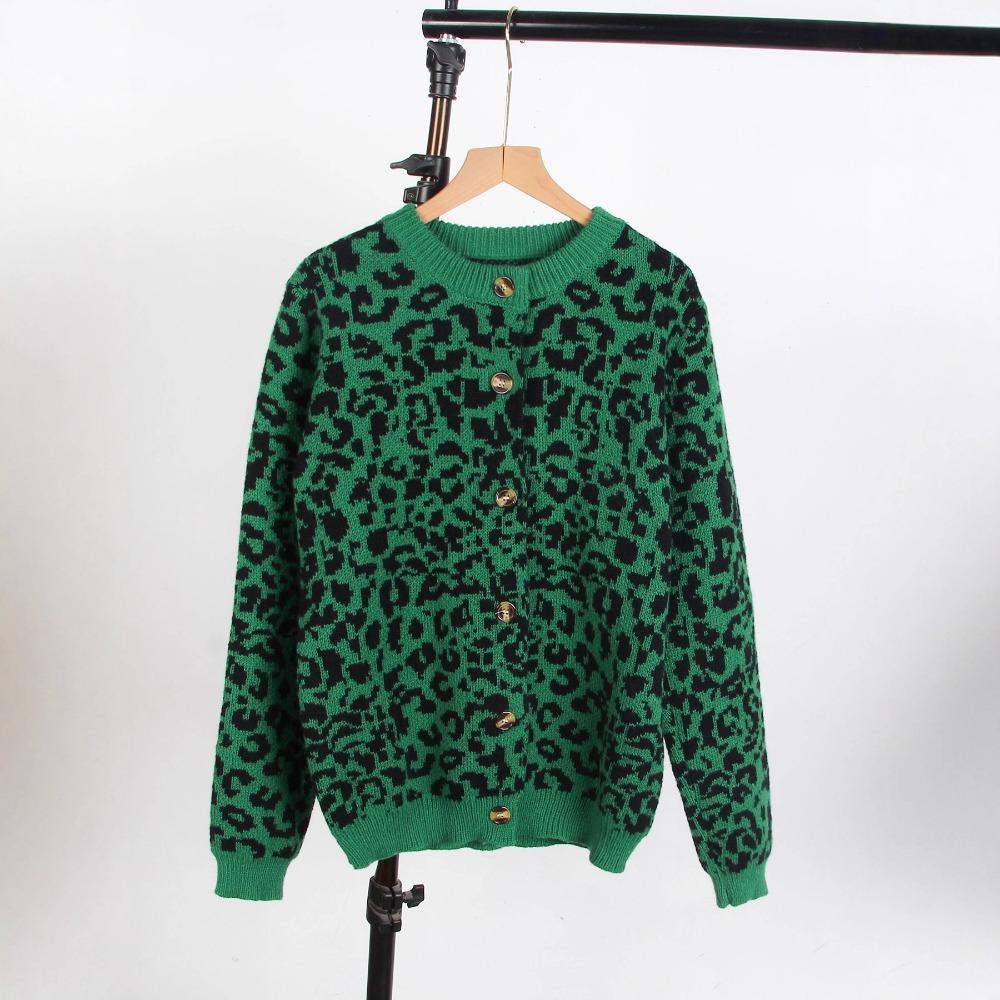 Women's Crew Neck Long Sleeve Leopard Print Loose Fit Commuter Knit Cardigan