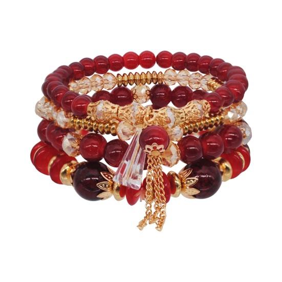 4Pcs Women Bracelets Faux Crystal Smooth Multi Pendant Jewelry Retro Bohemian Style with Elastic Cord Multi-layered Stackable Bracelet Set