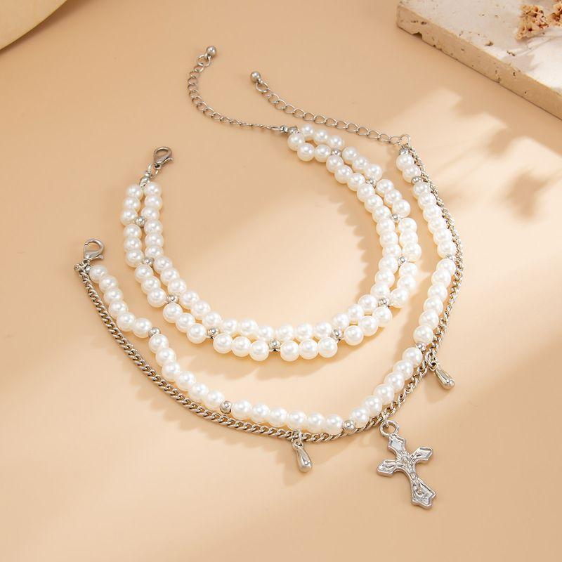 Set of Cross Imitation Pearl Anklets, European and American Fashion Trendy and Unique Accessories for Girls To Wear When Traveling and Taking Photos