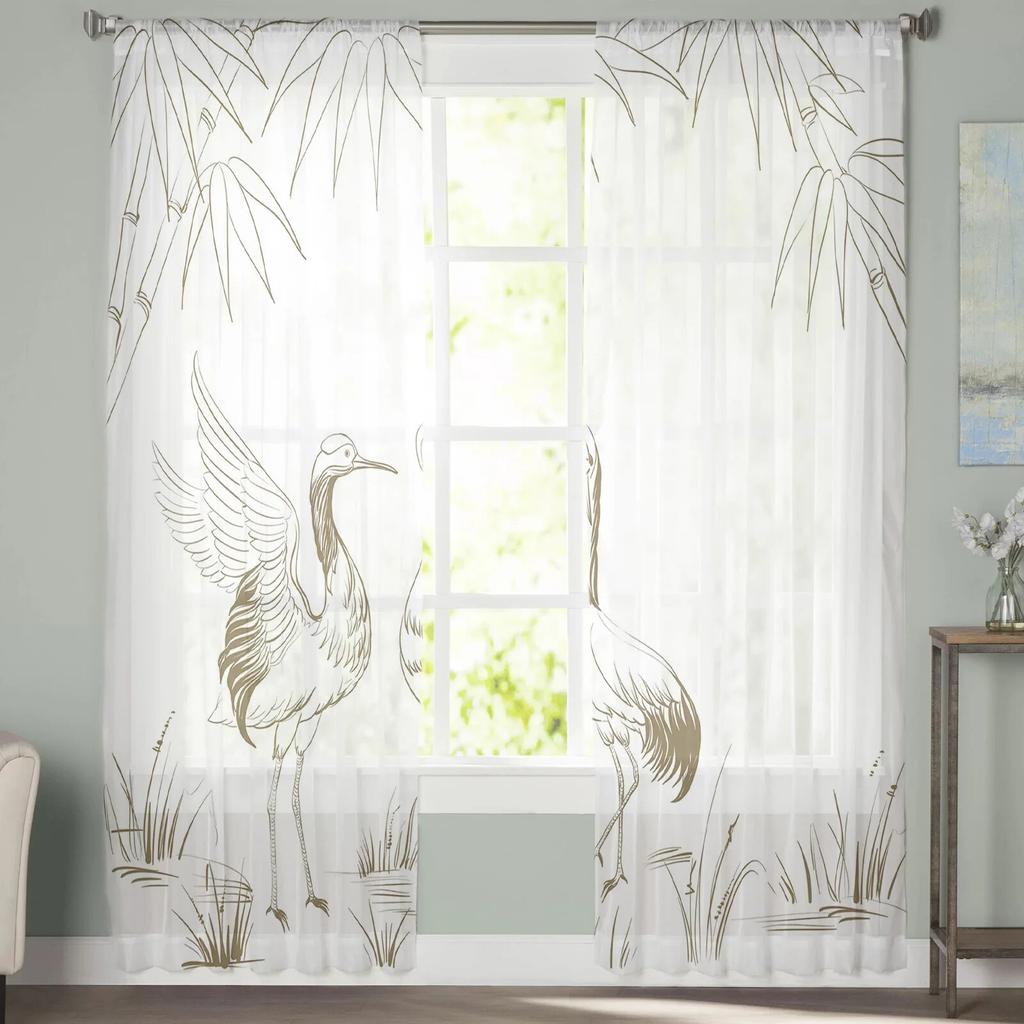 Klassischer Wind-Bambus-Kranich-Vorhang für Schlafzimmer, Tüll-Voile-Vorhang für Küche, Wohnzimmer, Dekoration, Fensterbehandlung