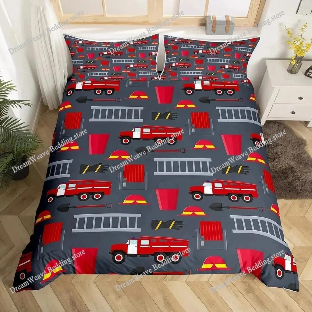 Firefighter Car Duvet Cover Set,Fire Truck Bedding Set King, Honeycomb and Fire Comforter Cover Fire Engine Vehicle Quilt Cover