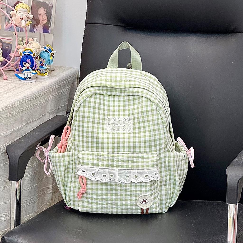 Schoolbag New Summer Lace Plaid Girl Children's Travel Backpack Primary School Bag Women's Spring Picnic Small Backpack