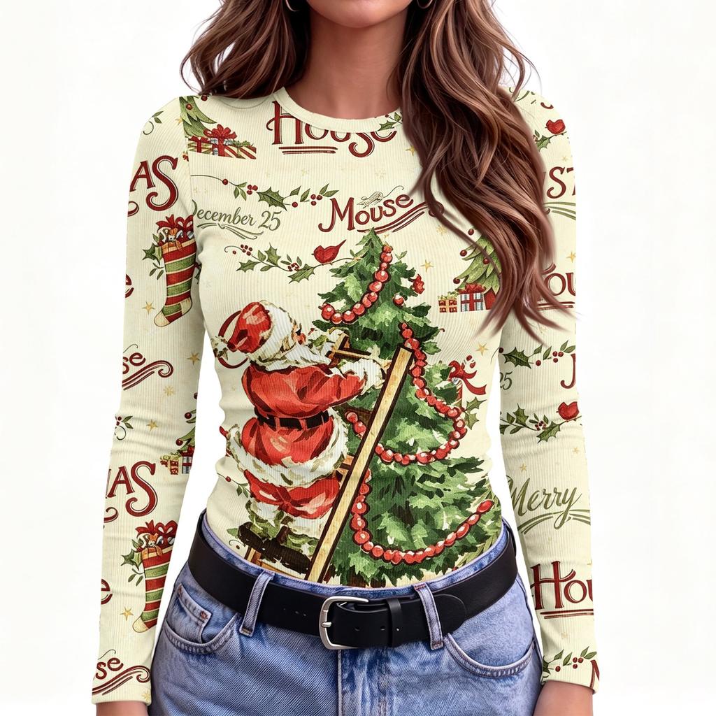 Damen Slim Fit T-Shirt mit Weihnachtsdruck, Langarm, Rundhalsausschnitt für die Feiertagsparty und Freizeitkleidung