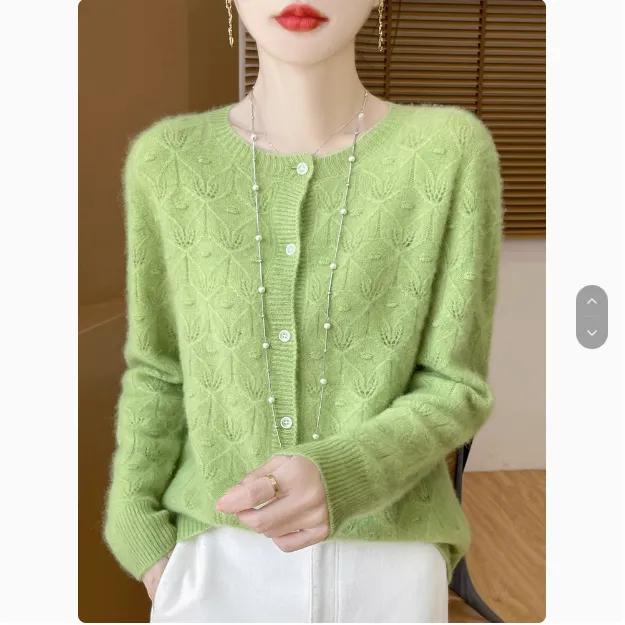 

Women s Autumn Long-Sleeve Solid-Color Cardigan with Jacquard Hollow-Knit Oversized Sweater 2XL