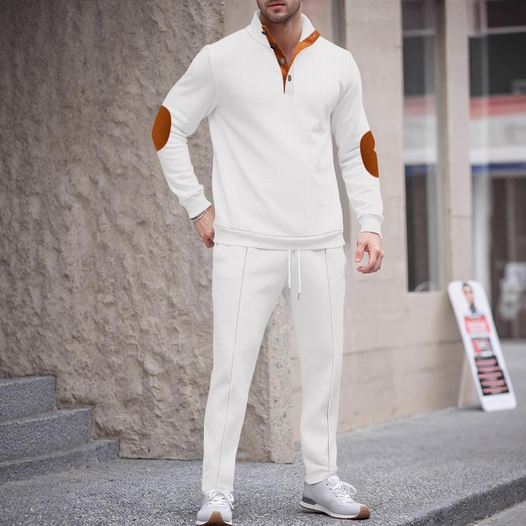 Men'S Stand Up Collar Button Casual Long Sleeved Shirt Long Pants Sports Suit