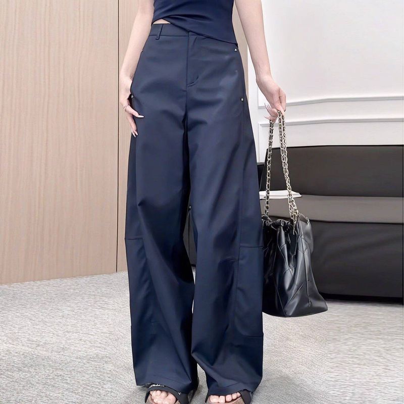 

Spring and Autumn New Style Plus-Size Navy Blue Workwear Casual Pants for Women, Loose Fit, Slimming Wide-Leg Pants for Petite Women Navy blue M [Recommendation 42.5-50kg]