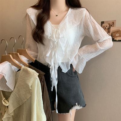 Fashion Elegant Vintage Flare Sleeve Women's Shirts Summer Thin Ruffled Lace-up Casual White Blouses Women Clothing Solid V Neck Ladies Tops 26128