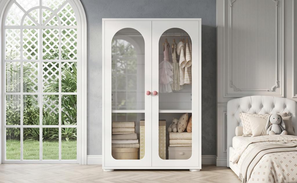 2-Door Wardrobe, Bedroom Storage Cabinet, Children's Wardrobe, with Clothes Rail, Acrylic Transparent Doors, Ceramic Handles, White, 80×50×120 Cm