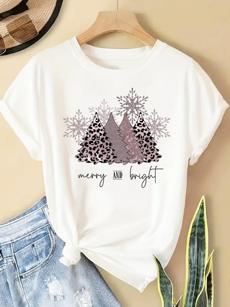 (Asian Size) watercolor letter new year T Clothing Short Sleeve T-shirts  Print merry Christmas o-neck Women's Top Fashion holiday Graphic Tee