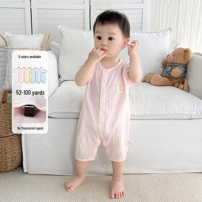 Baby Summer Short Sleeve Cotton Jumpsuit - Newborn Lightweight Pajamas Class A Air-Conditioned Crawler Outfit