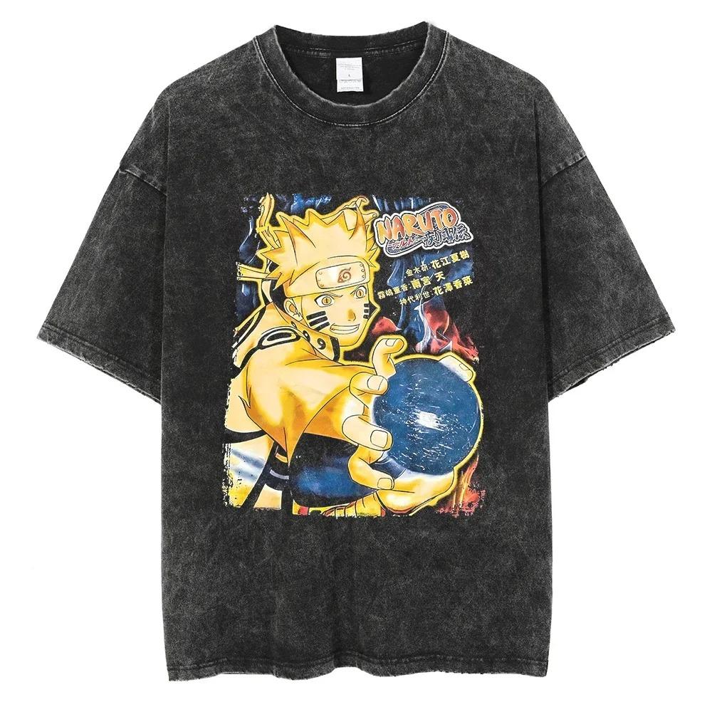 Anime Naruto Print T-Shirt Washed Oversized Tee Summer Short Sleeve Cotton Men Women Streetwear Vintage Black Washed T Shirt Harajuku Tops