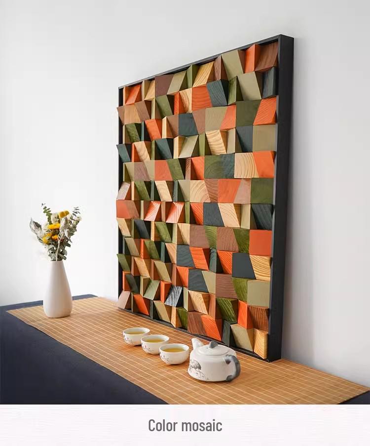 3D Solid Wood Mosaic Geometric Abstract Wall Art for TV Background or Entrance Hall